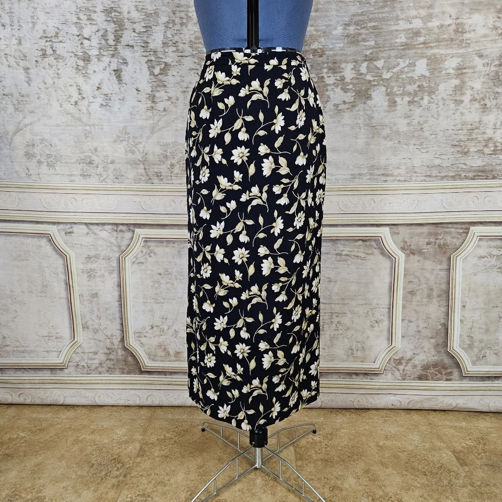 Vintage 1990s Silk Black Floral Maxi Skirt M Column 90s Jones New York Grunge